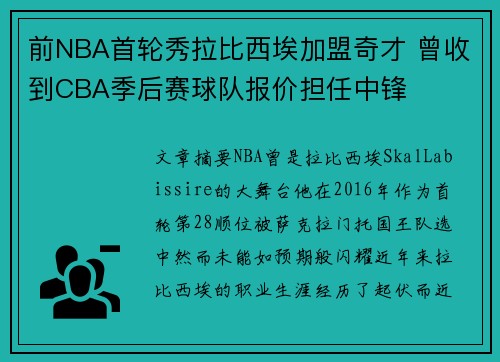 前NBA首轮秀拉比西埃加盟奇才 曾收到CBA季后赛球队报价担任中锋